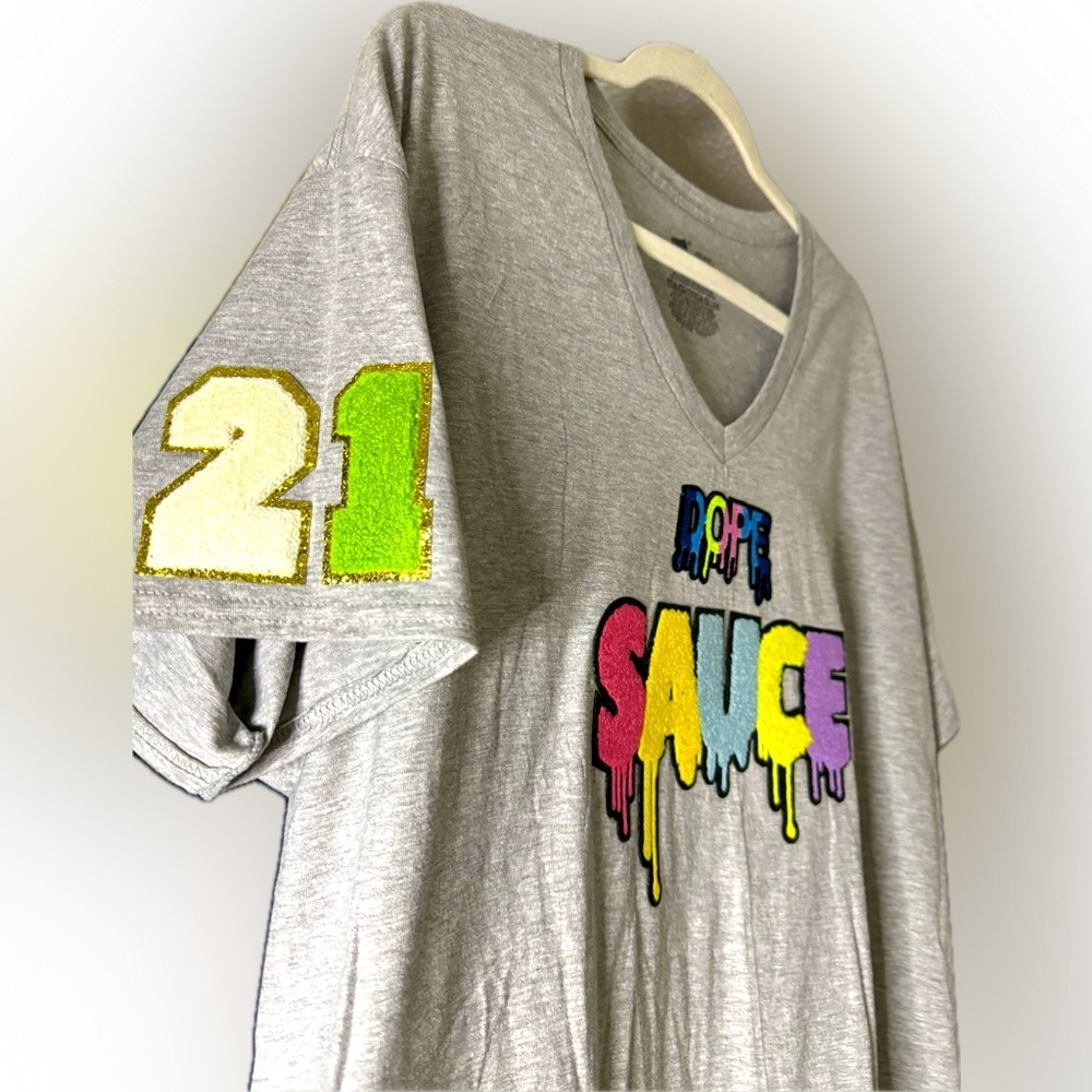 Custom “DOPE SAUCE” Hanes Heather Grey V-Neck T-Shirt Size XL - Picture 3 of 7